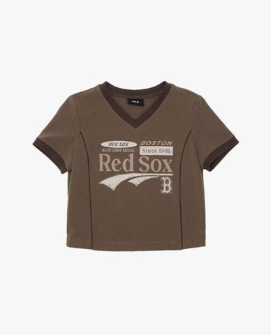  MLB - Áo croptop nữ cổ V tay ngắn Varsity 