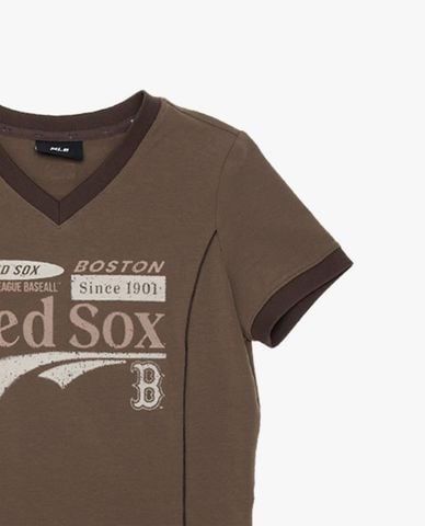  MLB - Áo croptop nữ cổ V tay ngắn Varsity 