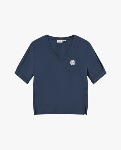  PALLADIUM - Áo thun nữ cổ tim tay ngắn phối logo 