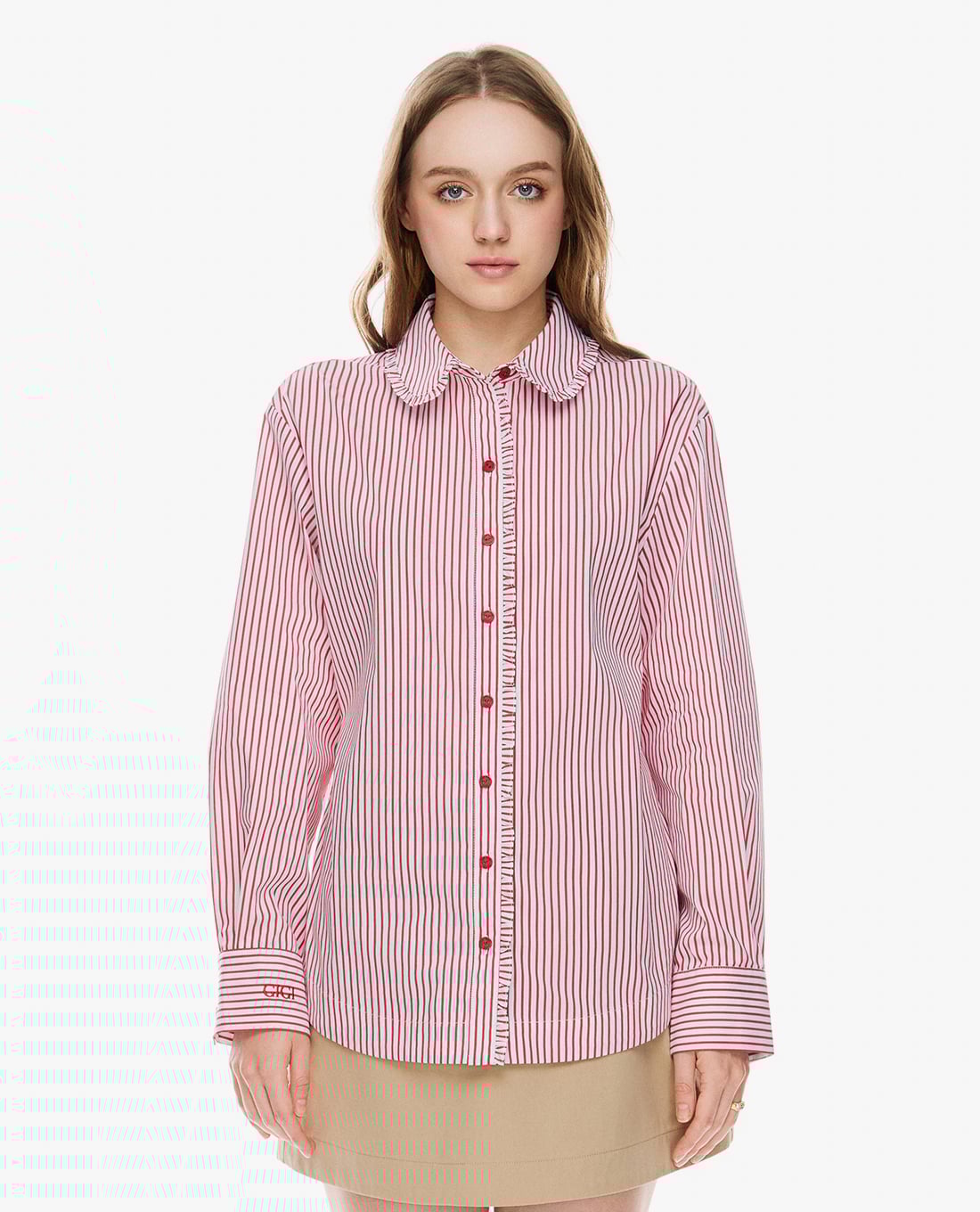 GIGI - Áo sơ mi nữ cổ bẻ viền bèo kẻ sọc