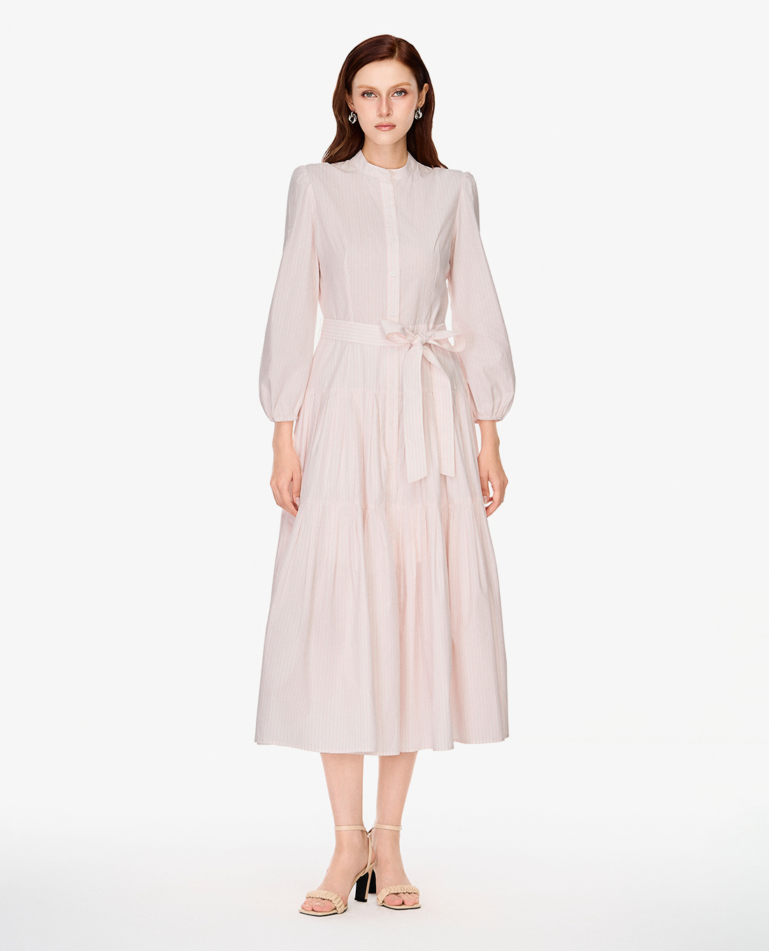 GIGI - Đầm sơ mi midi kẻ sọc phối thắt nơ