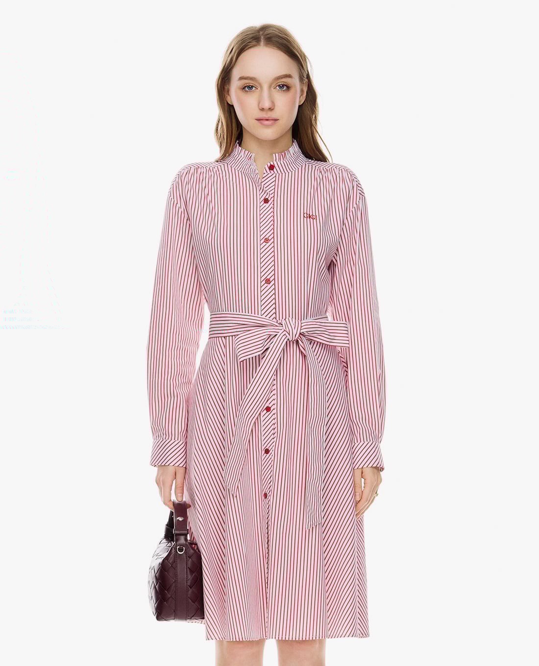 GIGI - Đầm sơ mi midi kẻ sọc phối dây thắt eo