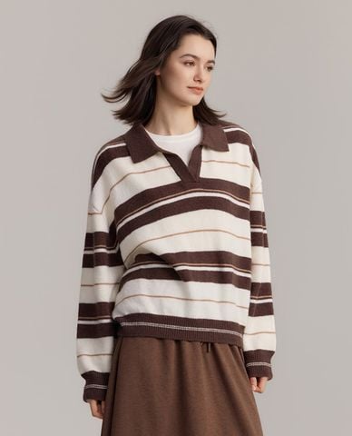  USPA - Áo sweatshirt nữ cổ bẻ tay dài kẻ sọc 