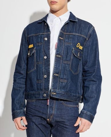  DSQUARED2 - Áo khoác denim nam cổ bẻ tay dài thêu chữ 