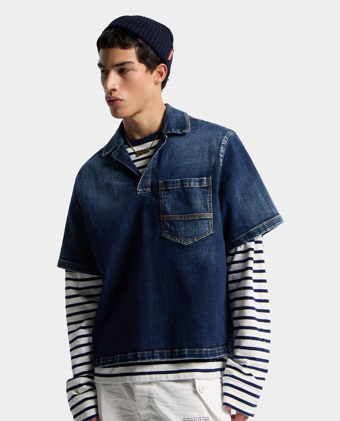 DSQUARED2 - Áo sơ mi denim nam cổ bẻ tay ngắn phối túi