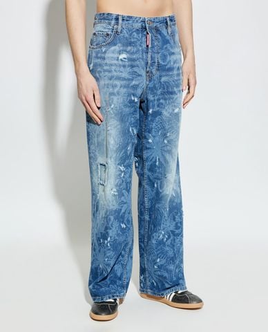  DSQUARED2 - Quần jeans nam ống rộng wash bạc in họa tiết 