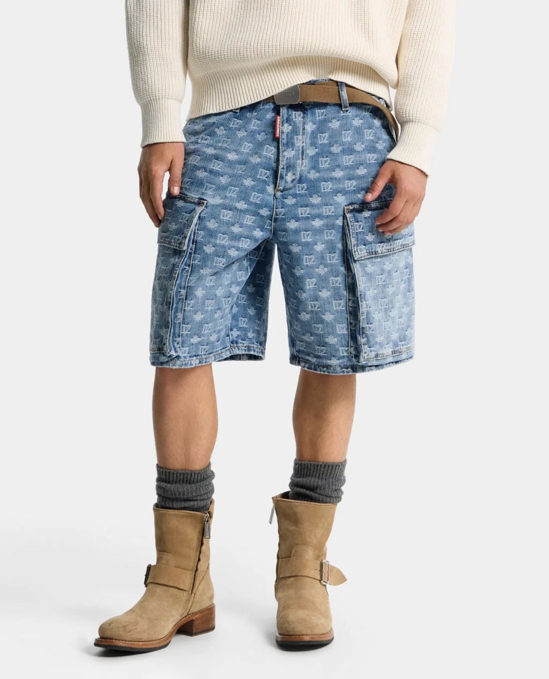 DSQUARED2 - Quần short jeans nam túi hộp họa tiết monogram