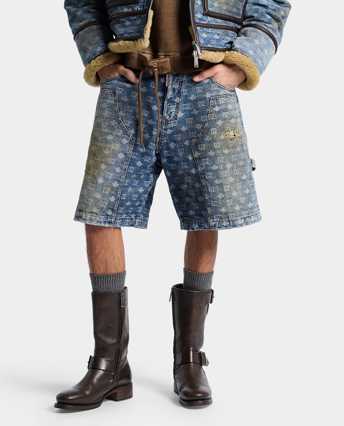 DSQUARED2 - Quần short jeans nam ống rộng wash bạc