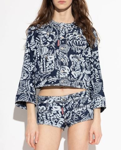  DSQUARED2 - Áo khoác denim nữ cổ tròn tay lửng phom croptop 