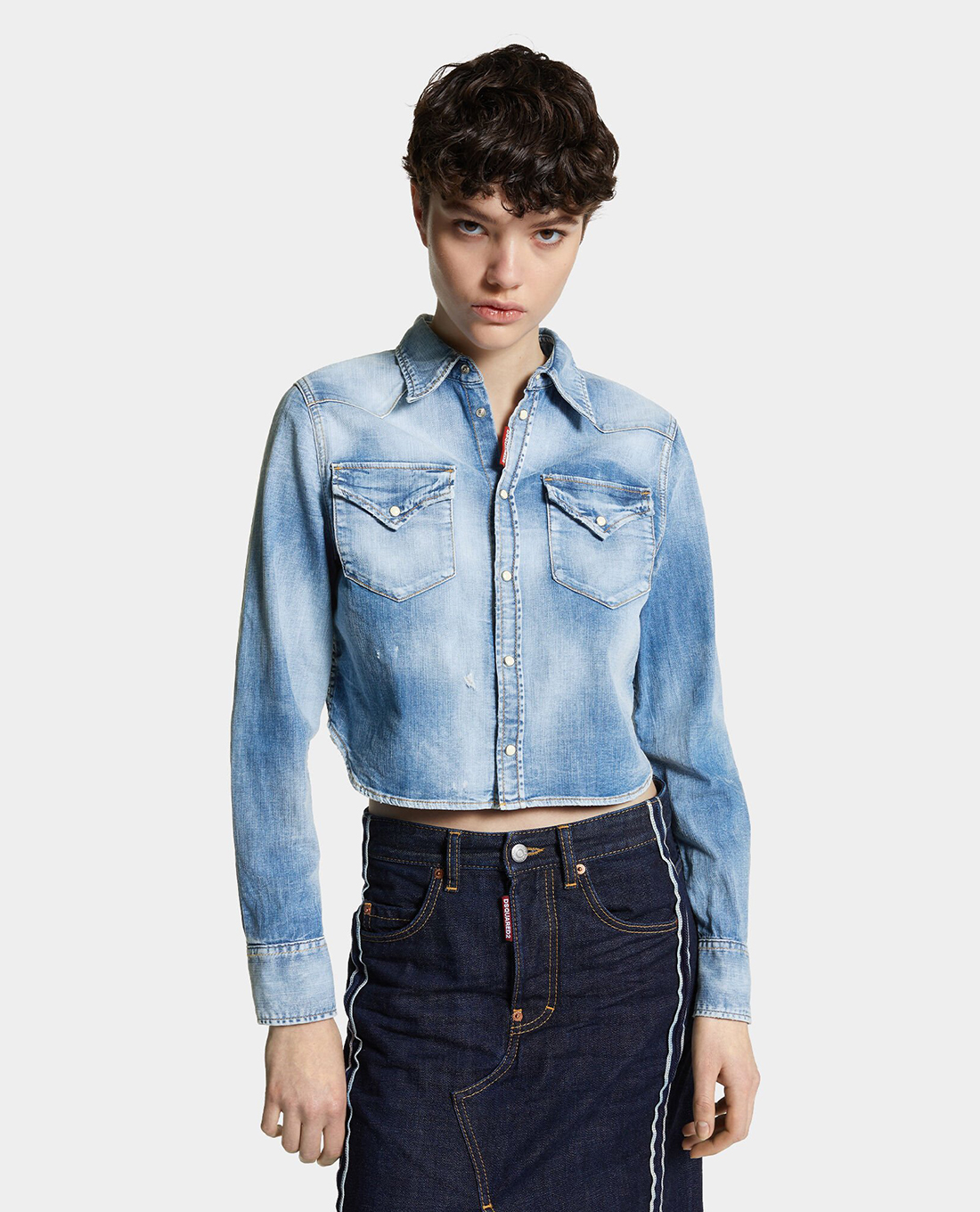 DSQUARED2 - Áo sơ mi denim nữ tay dài phom croptop