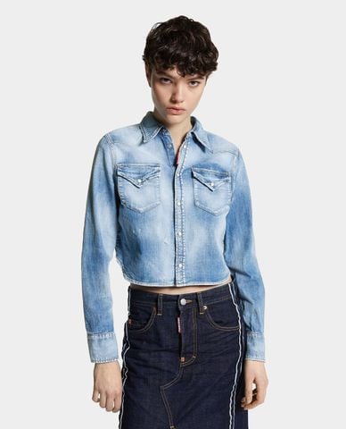  DSQUARED2 - Áo sơ mi denim nữ tay dài phom croptop 