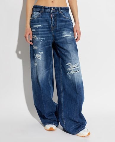  DSQUARED2 - Quần jeans nữ ống rộng wash bạc mài rách 