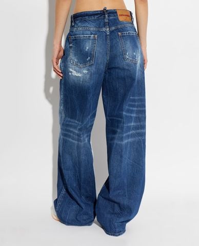  DSQUARED2 - Quần jeans nữ ống rộng wash bạc mài rách 