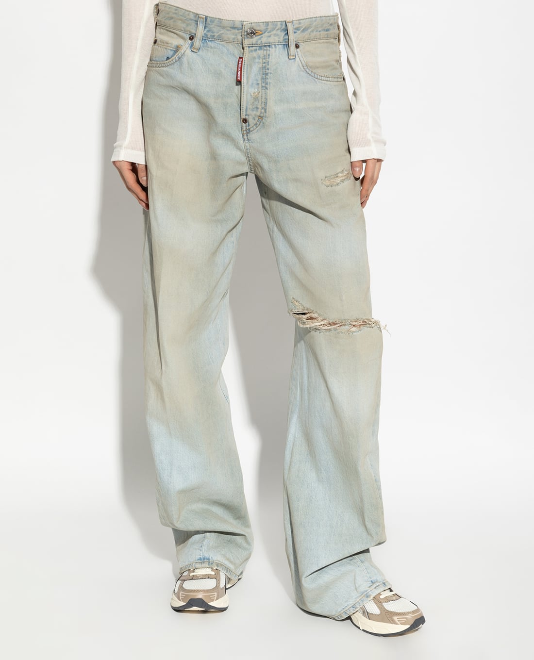 DSQUARED2 - Quần jeans nữ ống rộng wash bạc rách gối