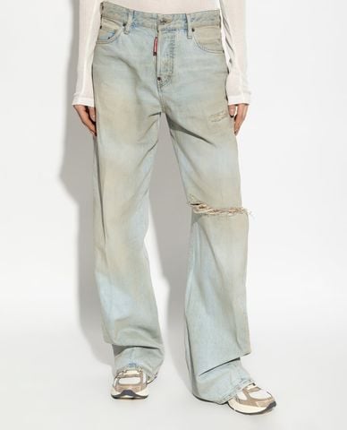  DSQUARED2 - Quần jeans nữ ống rộng wash bạc rách gối 