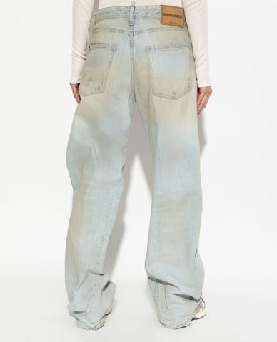 DSQUARED2 - Quần jeans nữ ống rộng wash bạc rách gối 