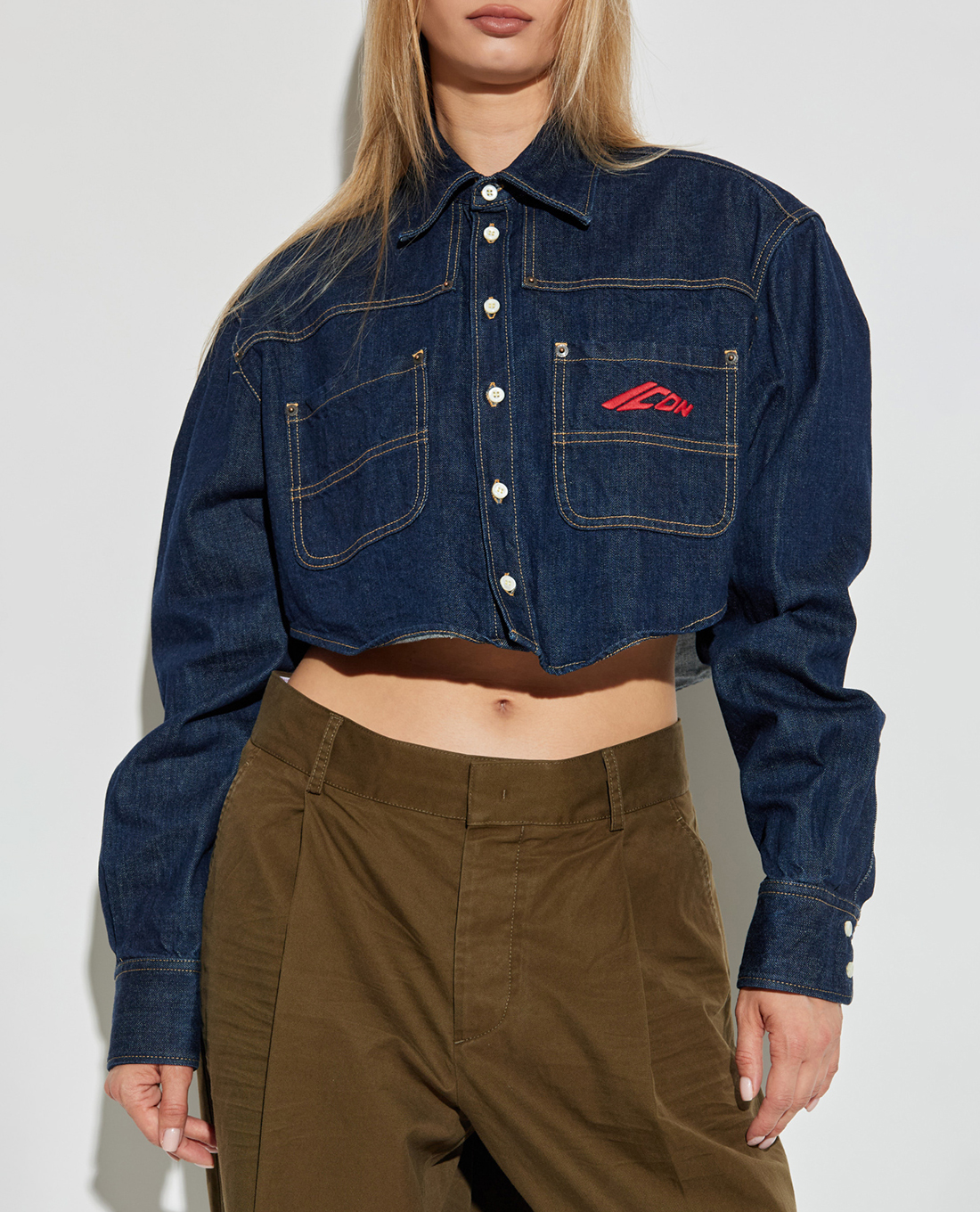 DSQUARED2 - Áo sơ mi denim nữ tay dài phom croptop Icon
