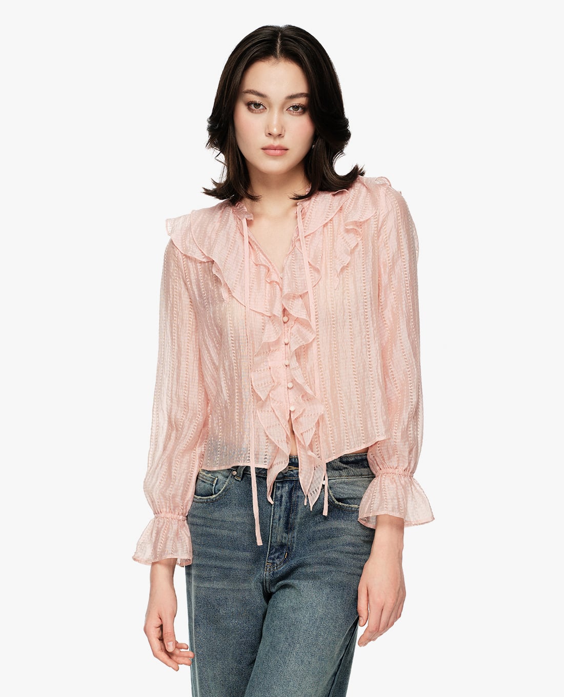 GIGI - Áo sơ mi nữ tay dài phối bèo nhún cổ điển