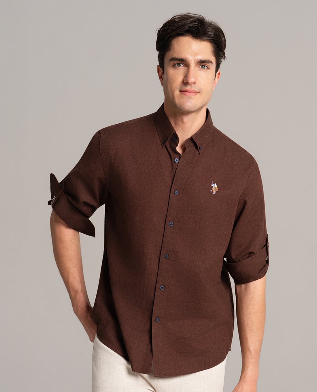 USPA - Áo sơ mi nam cổ bẻ tay dài thêu logo