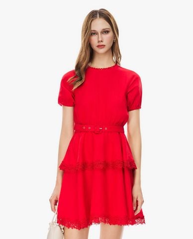  GIGI - Đầm xếp tầng mini cổ tròn tay phồng viền ren 