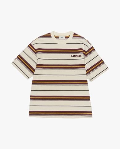  MLB - Áo thun unisex cổ tròn tay ngắn sọc ngang 