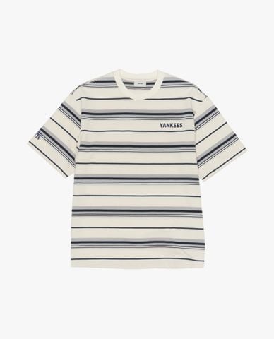  MLB - Áo thun unisex cổ tròn tay ngắn sọc ngang 