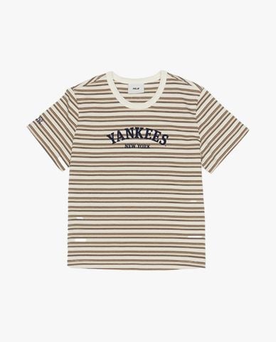  MLB - Áo thun nữ cổ tròn tay ngắn kẻ sọc 