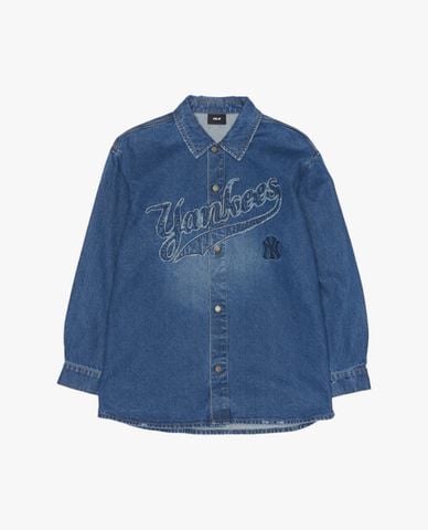  MLB - Áo sơ mi denim unisex tay dài thêu logo thời trang 
