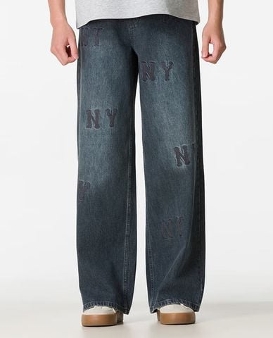  MLB - Quần jeans nữ ống rộng wash bạc 