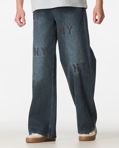  MLB - Quần jeans nữ ống rộng wash bạc 