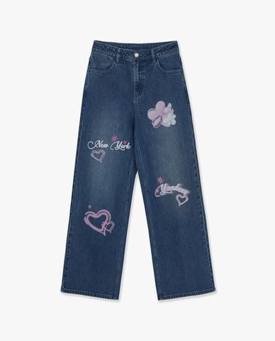  MLB - Quần jeans nữ ống rộng Megagram 