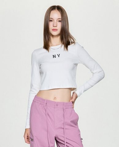  MLB - Áo croptop nữ cổ tròn tay dài Basic Coopers 
