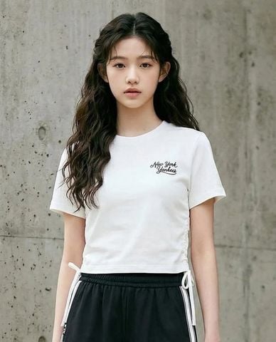  MLB - Áo croptop nữ tay ngắn phối dây rút Varsity 