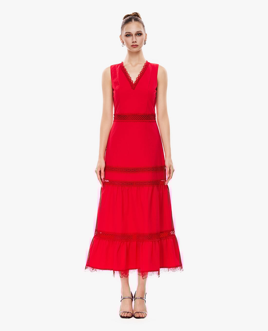 GIGI - Đầm sát nách midi xếp tầng phối ren