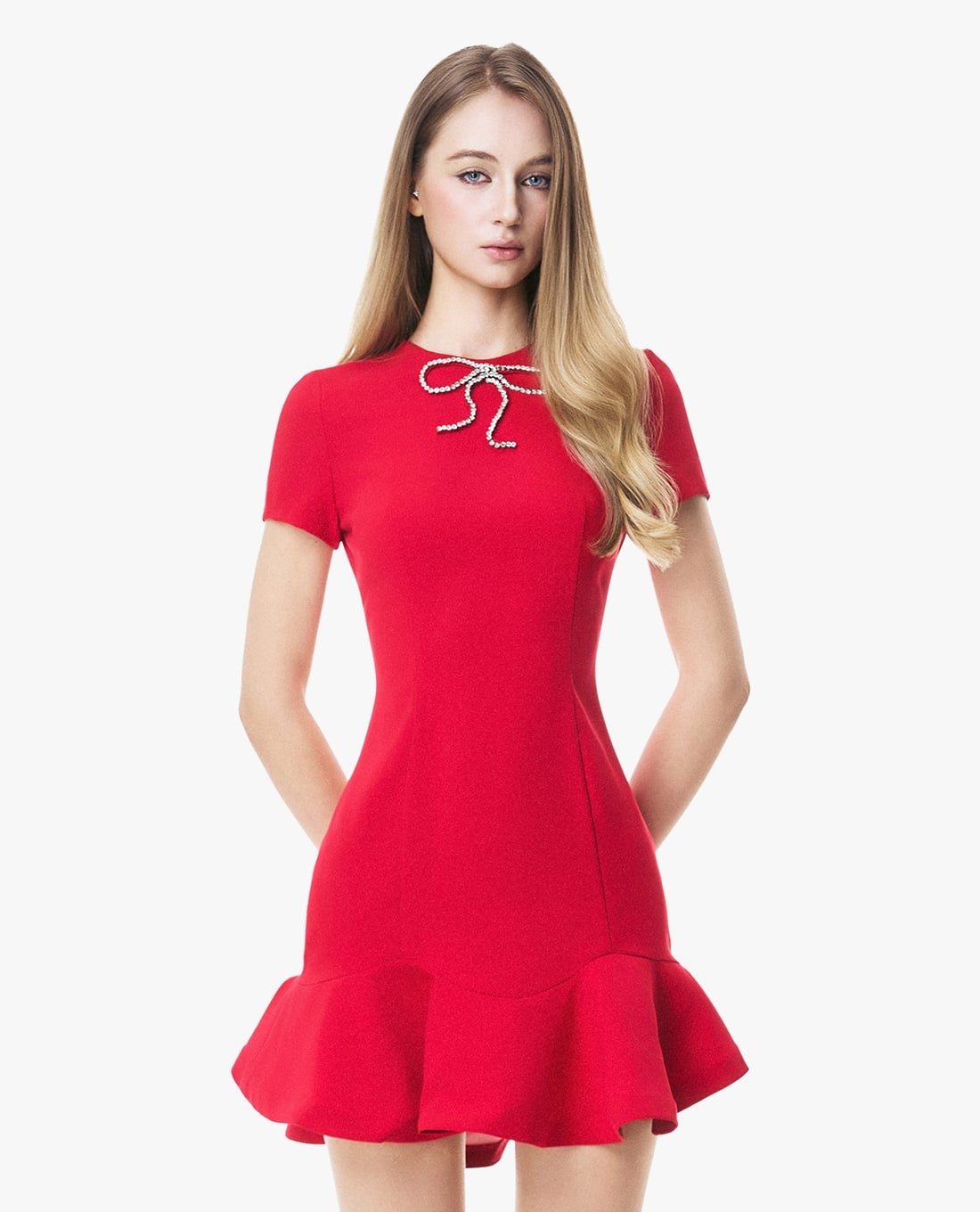 GIGI - Đầm mini cổ tròn tay ngắn xòe bèo đính nơ