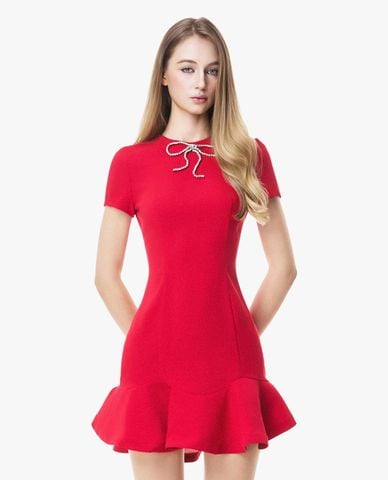  GIGI - Đầm mini cổ tròn tay ngắn xòe bèo đính nơ 