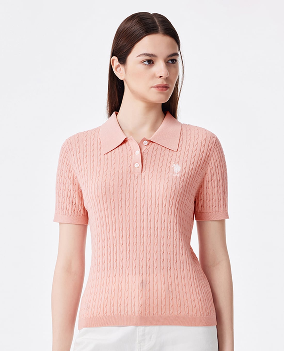USPA - Áo dệt kim nữ cổ bẻ tay ngắn thêu logo