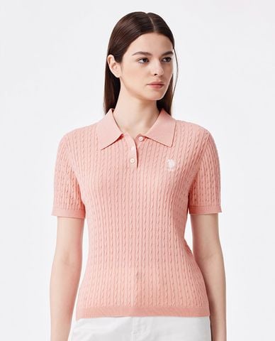  USPA - Áo dệt kim nữ cổ bẻ tay ngắn thêu logo 