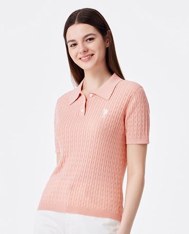  USPA - Áo dệt kim nữ cổ bẻ tay ngắn thêu logo 