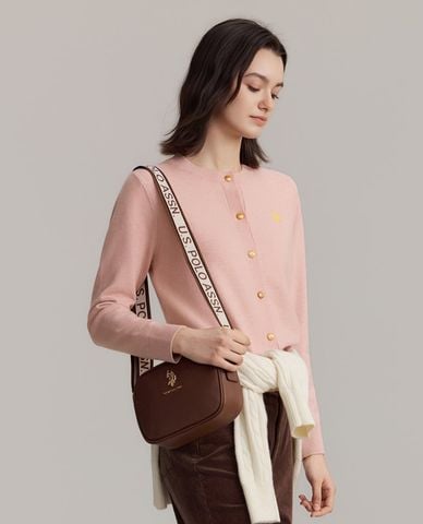  USPA - Áo khoác dệt kim nữ tay dài thêu logo phối nút 