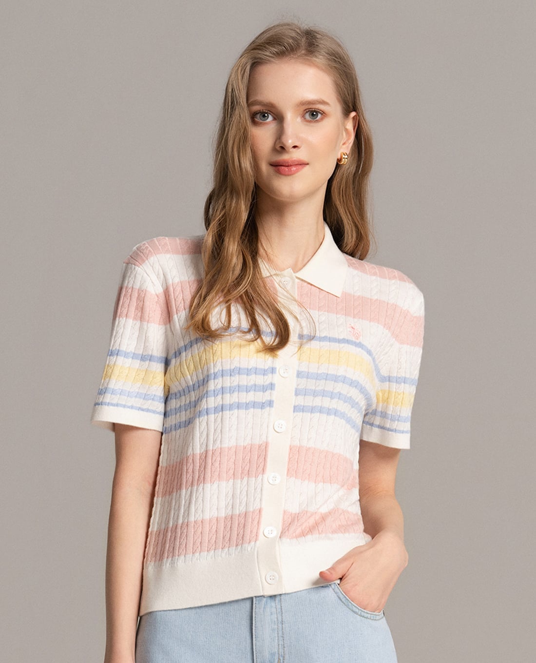 USPA - Áo dệt kim nữ cổ bẻ tay ngắn phối sọc