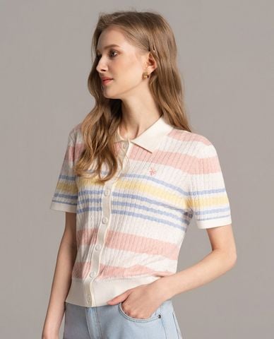  USPA - Áo dệt kim nữ cổ bẻ tay ngắn phối sọc 