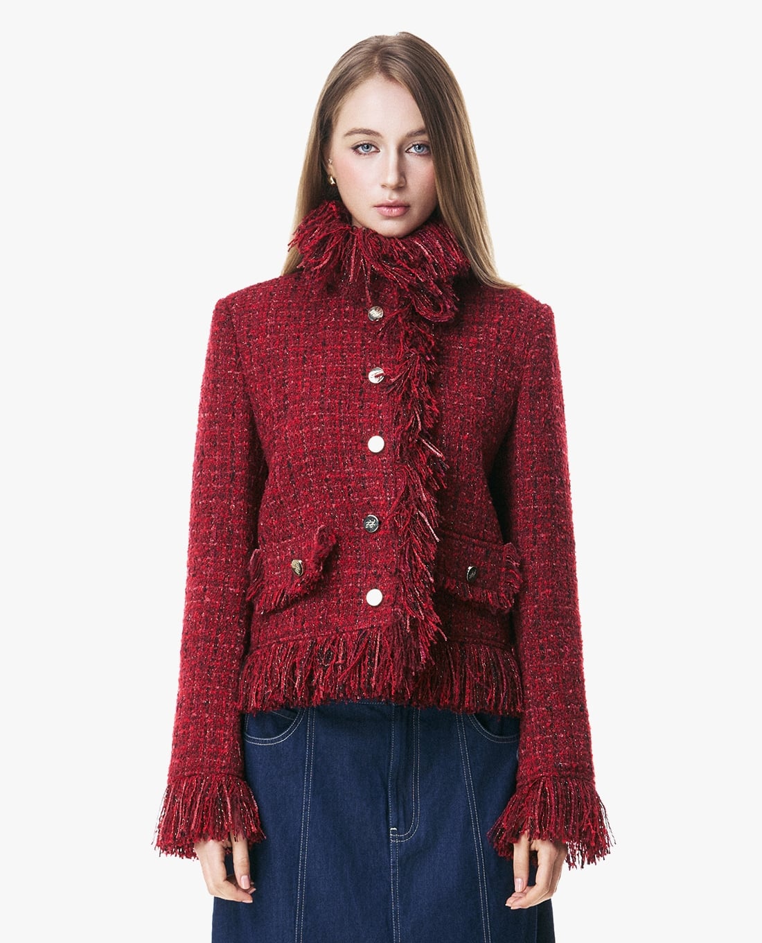 GIGI - Áo khoác tweed nữ cổ cao phối tua rua