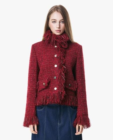  GIGI - Áo khoác tweed nữ cổ cao phối tua rua 
