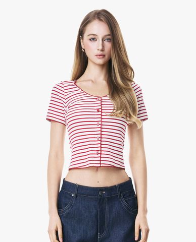  GIGI - Áo croptop nữ tay ngắn kẻ sọc phối nút 