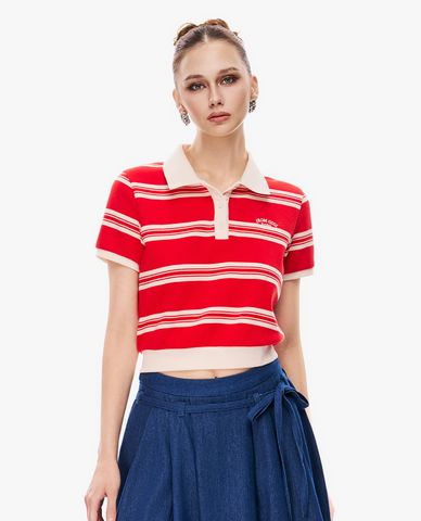  GIGI - Áo croptop nữ cổ bẻ tay ngắn kẻ sọc 
