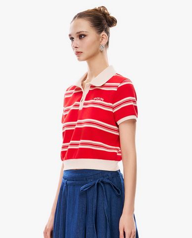  GIGI - Áo croptop nữ cổ bẻ tay ngắn kẻ sọc 