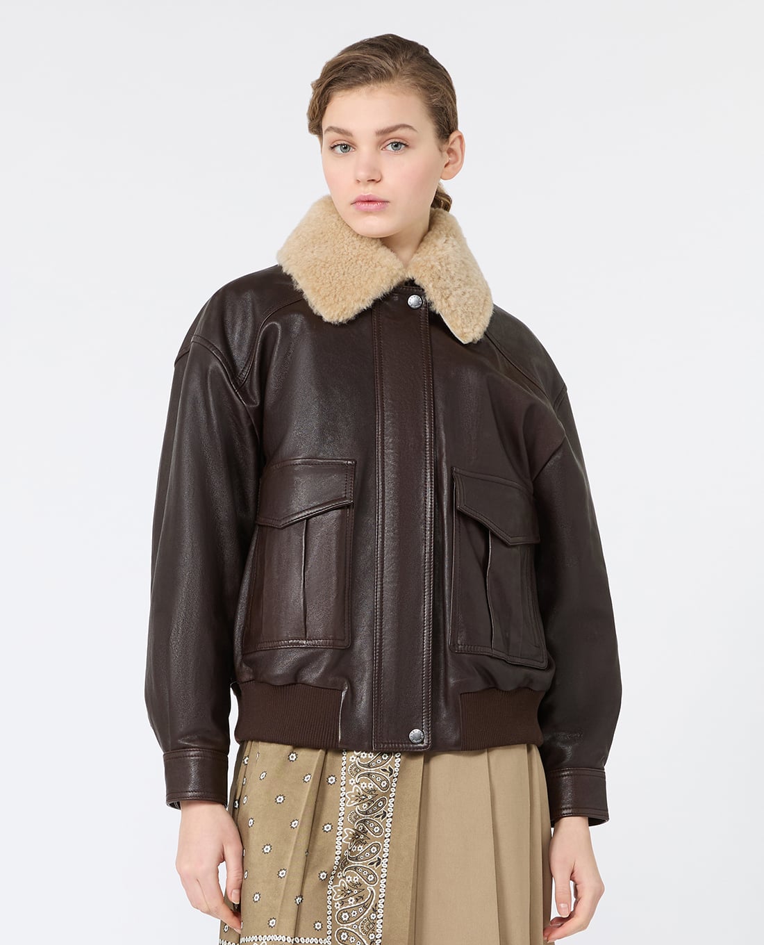 WEEKEND MAX MARA - Áo khoác da nữ tay dài cổ lông Wkdcalata