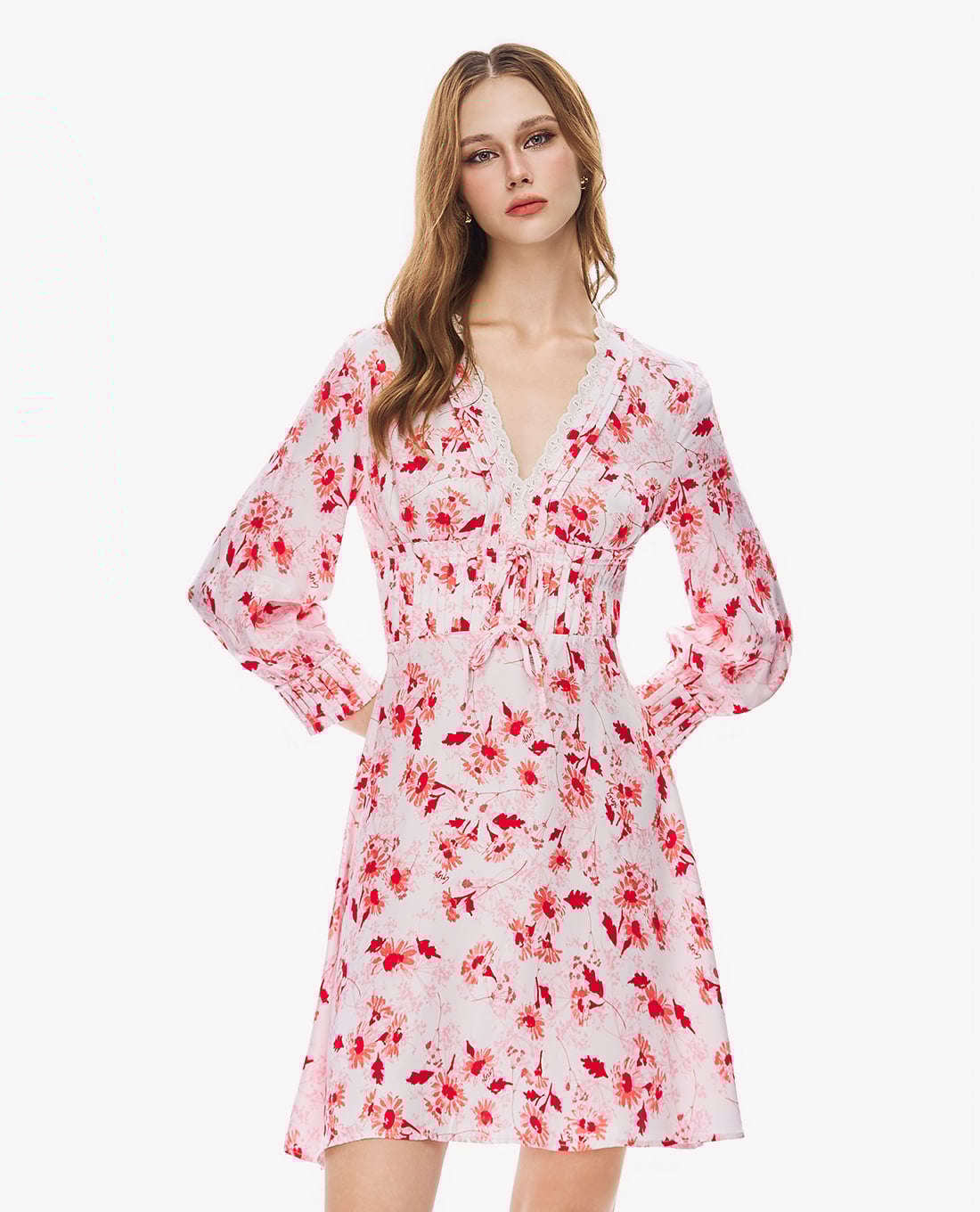 GIGI - Đầm mini cổ V tay dài phối ren