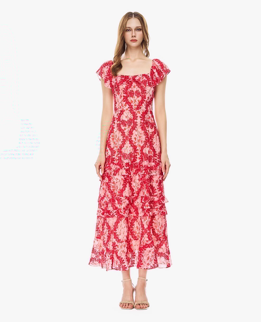 GIGI - Đầm xếp tầng midi cổ vuông phối bèo